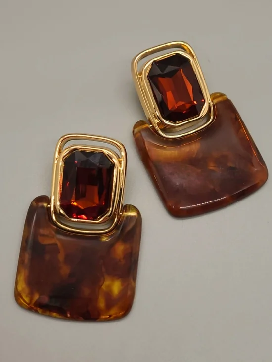 Vintage Retro Large Crystal Rootbeer Geometric Doorknocker Gold Drop Earrings - Picture 9 of 14